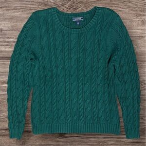 Lands' End Forest Green Cotton Cable Knit Crew Neck Sweater/size L